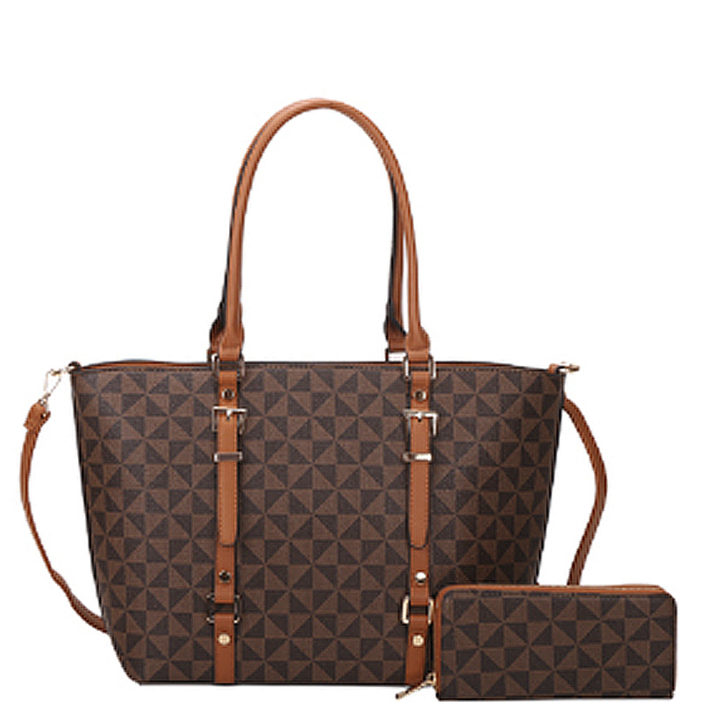 2IN1 PLAIN CHECKERED BUCKLE TOTE BAG WITH MATCHING WALLET SET