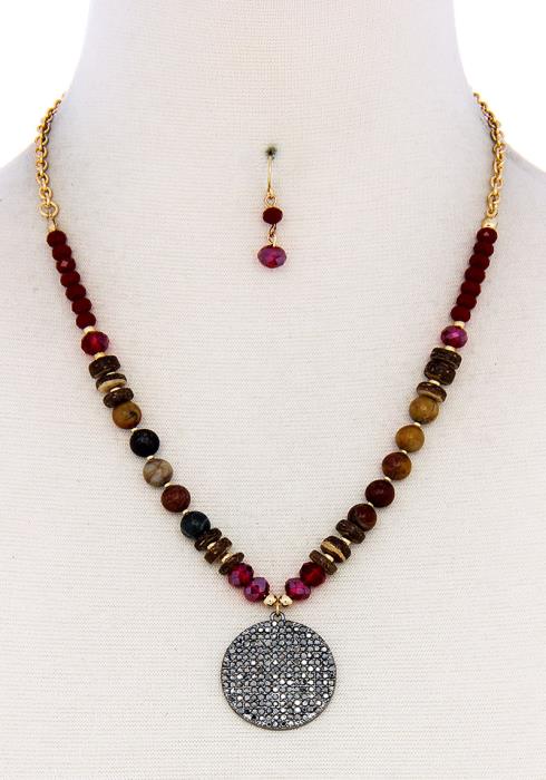 BEADED AND CIRCLE PENDANT NECKLACE AND EARRING SET