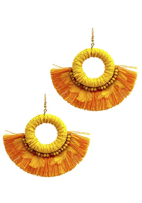 STYLISH FEATHER AND FAN TASSEL EARRING