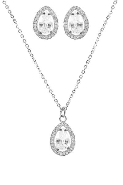 CUBIC ZIRCONIA RHINESTONE TEARDROP PENDANT NECKLACE EARRING SET
