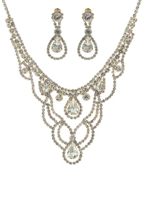 RHINESTONE TEARDROP SHAPE NECKLACE EARRING SET