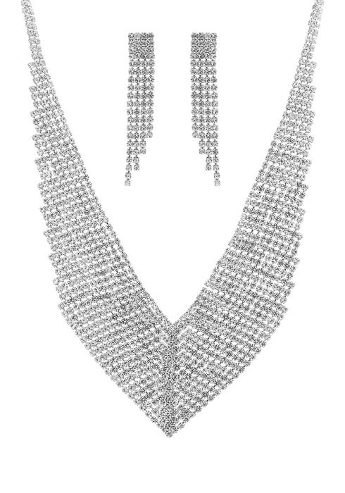 RHINESTONE V SHAPE 13ROW NECKLACE AND EARRING SET