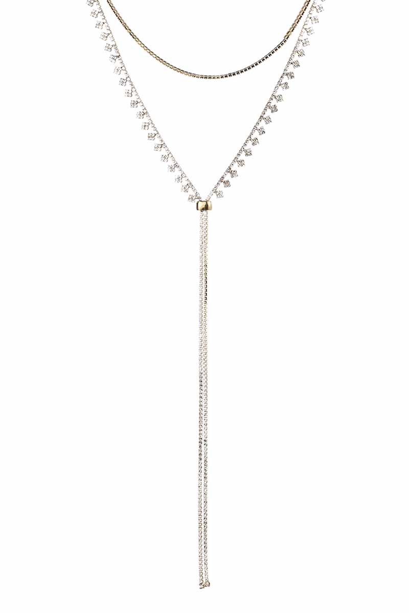 2 LAYERED RHINESTONE Y NECK NECKLACE