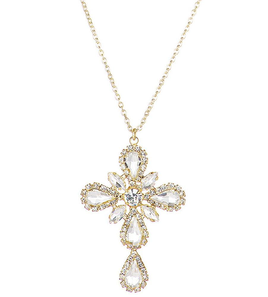 RHINESTONE PEAR SHAPE CROSS NECKLACE