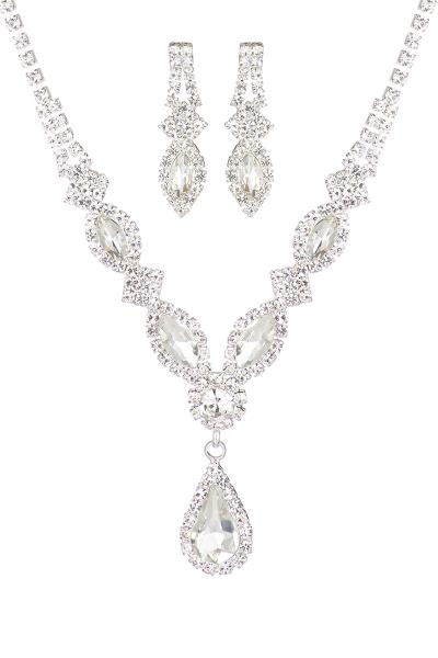 RHINESTONE MARQUISE PEAR SHAPE NECKLACE EARRING SET