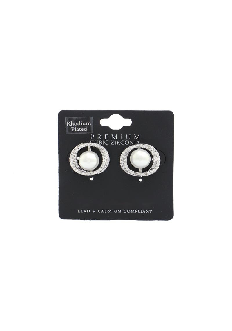 PEARL CENTER CUBIC ZIRCONIA RHODIUM PLATED EARRING