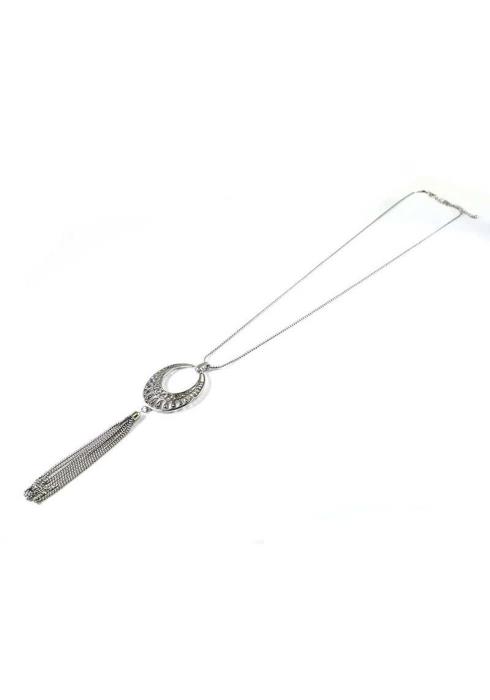CUT OUT OVAL SHAPE METAL TASSEL NECKLACE