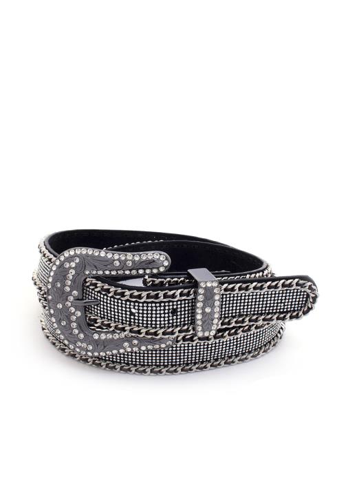 FILIGREE PATTERN METAL BUCKLE RHINESTONE PU LEATHER BELT