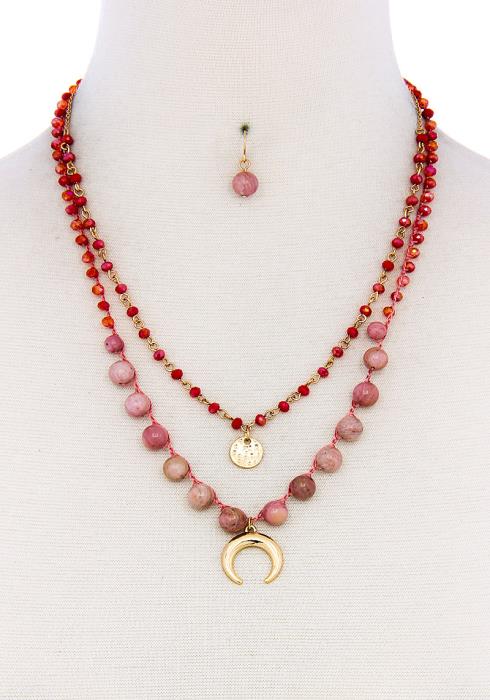DOUBLE LAYER CRESCENT MOON PENDANT BEAD NECKLACE AND EARRING SET
