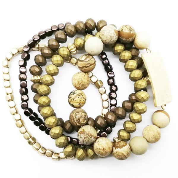 NATURAL STONE AND GLASS BEAD STRETCH 5 PC MULTI BRACELET