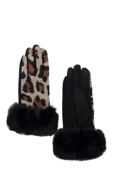 LEOPARD PATTERN GLOVES WITH FAUX FUR EDGE