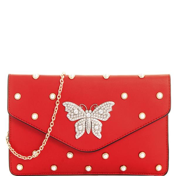 RHINESTONE BUTTERFLY PEARL STUDDED FLAP CROSSBODY BAG