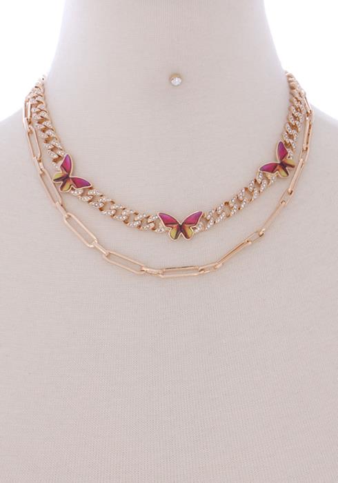 2 LAYERED METAL BUTTERFLY RHINESTONE PAVE NECKLACE