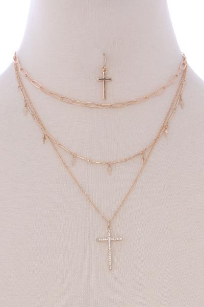 3 LAYERED METAL CHAIN CROSS PENDANT NECKLACE EARRING SET