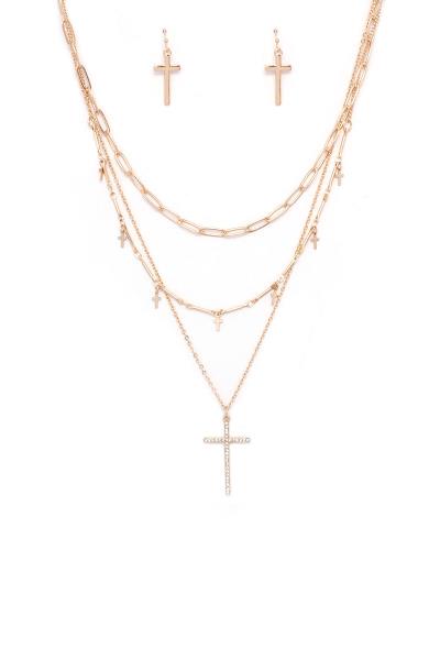 3 LAYERED METAL CHAIN CROSS PENDANT NECKLACE EARRING SET