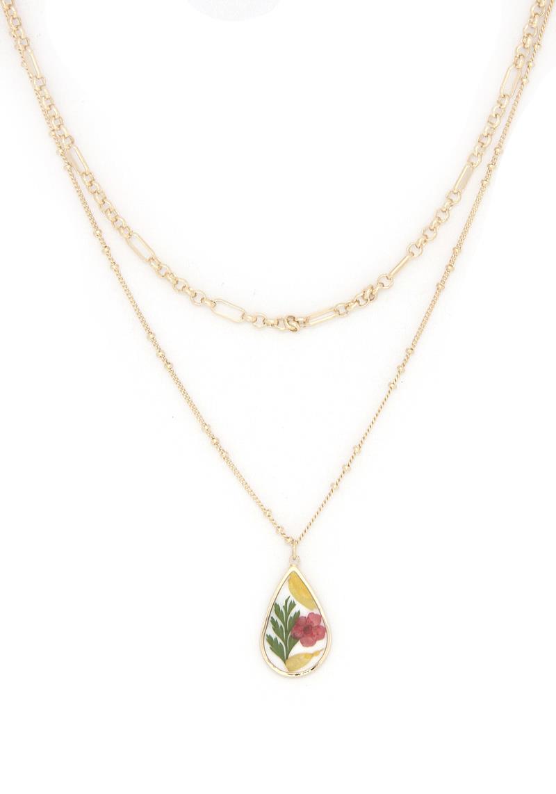 ENCAPSULATED FLOWER TEARDROP PENDANT LAYERED NECKLACE