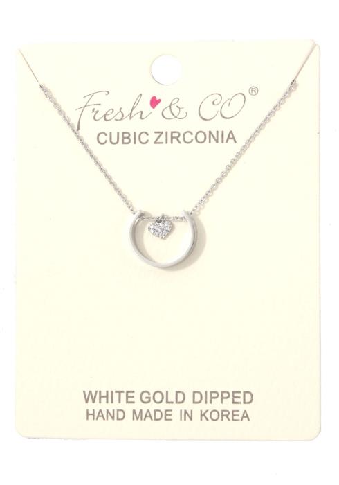 DAINTY RHINESTONE HEART OPEN CIRCLE CHARM NECKLACE