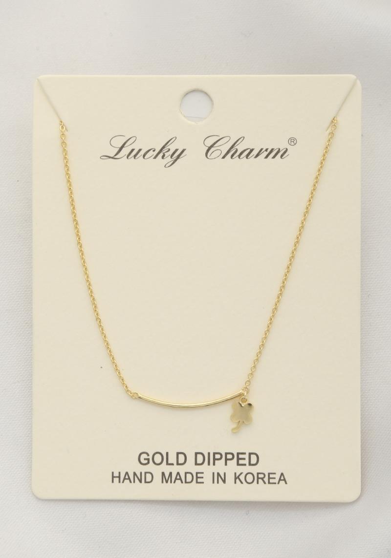 CURVE METAL BAR CLOVER  LEAF CHARM GOLD DIPPED NECKLACE