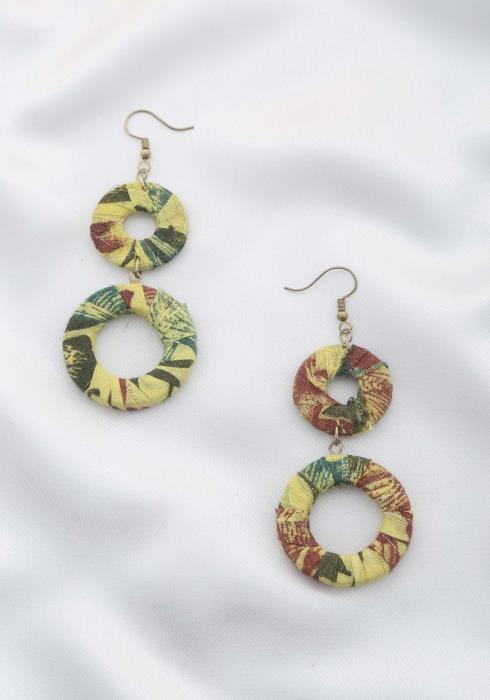 FABRIC WRAPPED DOUBLE CIRCLE DANGLE EARRING