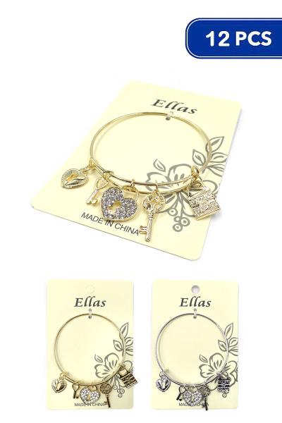 ROUNDED SPARKLING METAL KEY LOCK HEART BRACELET 12 PCS