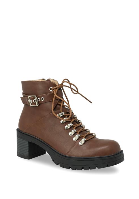 STYLISH LACED BUCKLE THICK HEEL HIKING DESIGN BOOTS