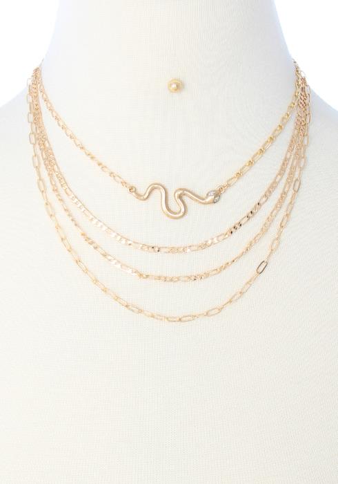4 LAYERED METAL CHAIN SNAKE PENDANT NECKLACE EARRING SET