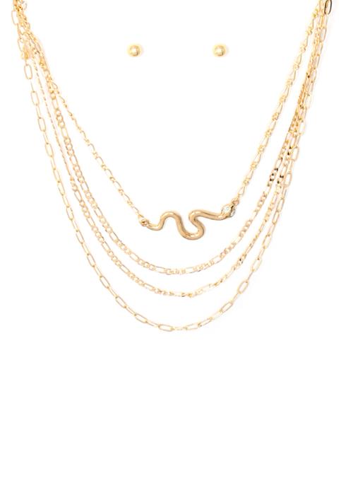 4 LAYERED METAL CHAIN SNAKE PENDANT NECKLACE EARRING SET