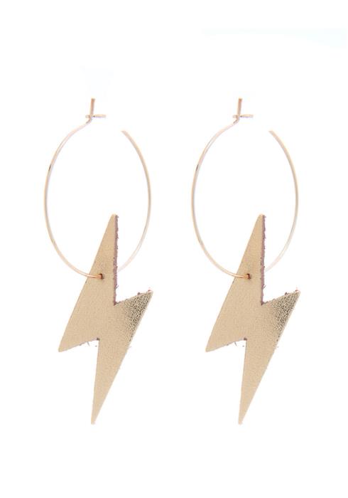 SODAJO LIGHTNING GENUINE LEATHER CHARM BRASS HOOP EARRING