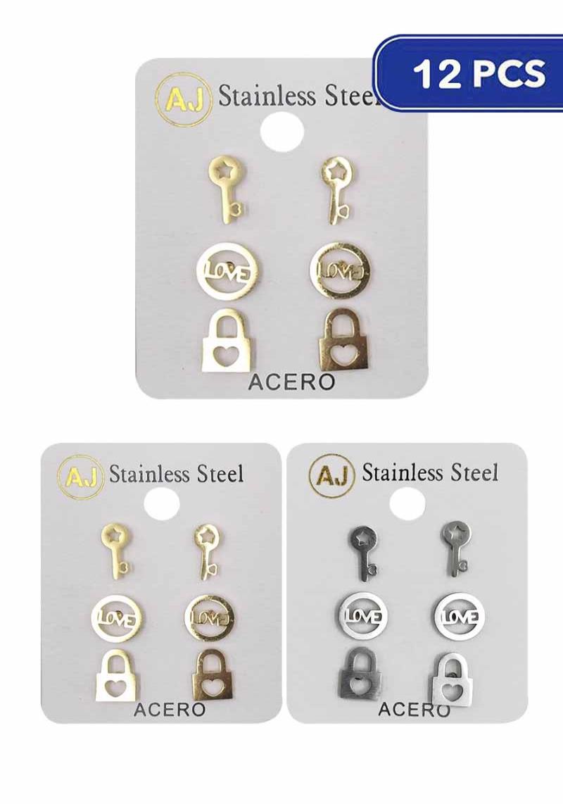 FASHION STAINLESS STEEL KEY AND LOCK STUD EARRING 3 PAIR SET (12 UNITS)