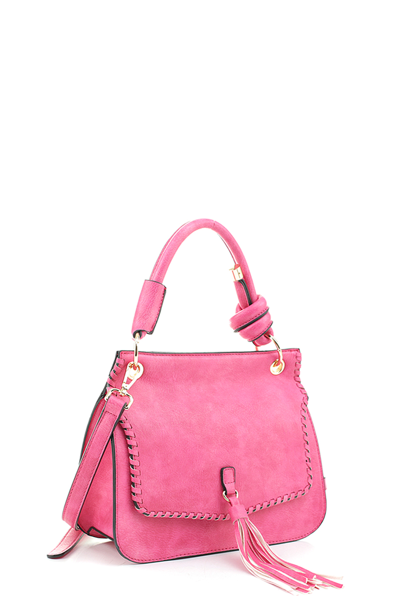SMOOTH PLAIN TASSEL STITCHING LEATHER HANDLE CROSSBODY BACKPACK BAG