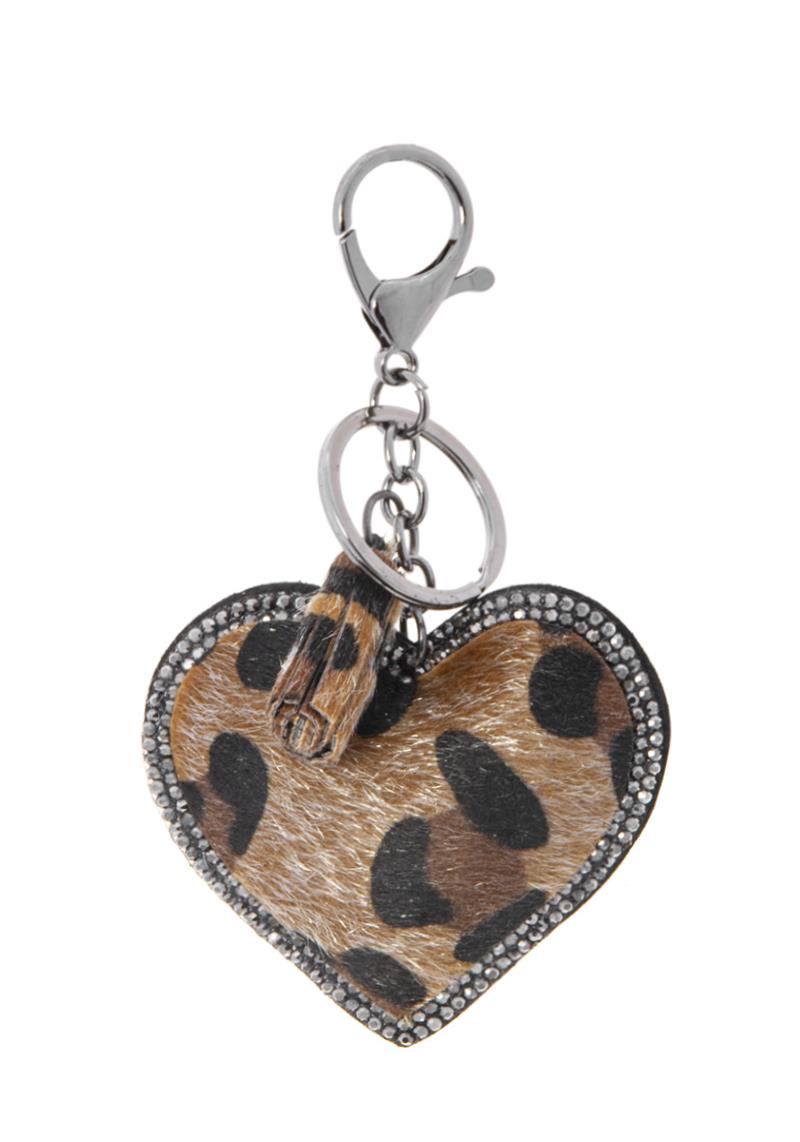 HEART ANIMAL PRINT RHINESTONE BORDER TASSEL KEY CHAIN