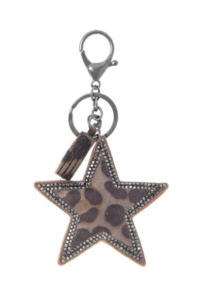 STAR ANIMAL PRINT RHINESTONE BORDER TASSEL KEY CHAIN