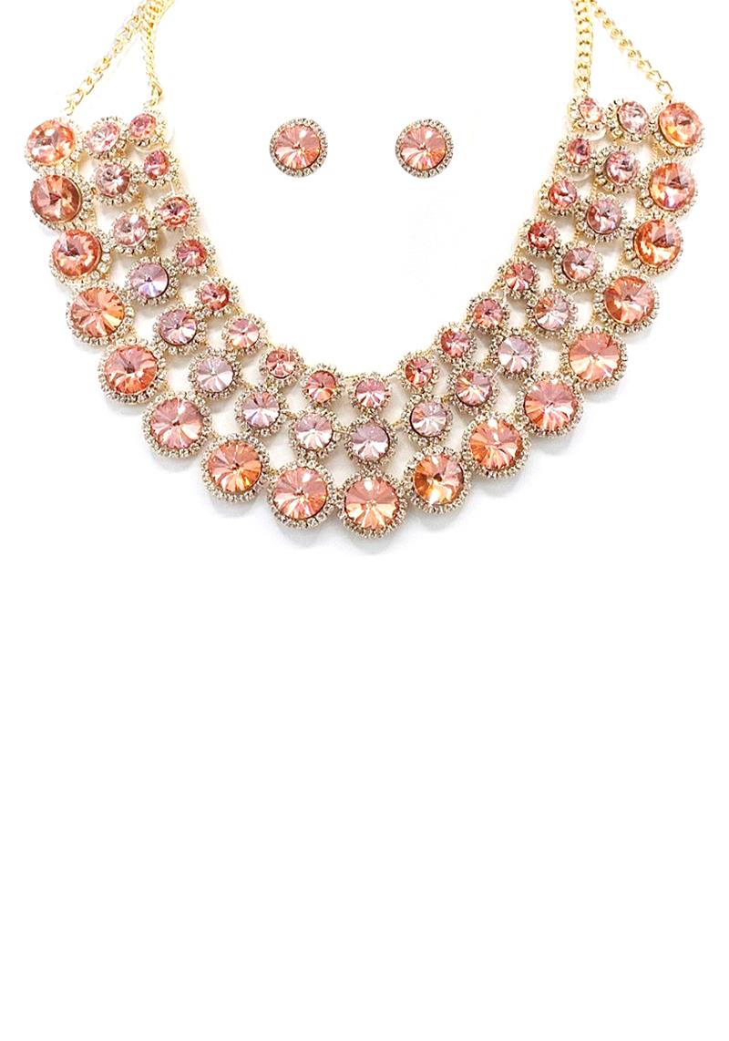 RHINESTONE CRYSTAL ROUND STONE TRIPLE LAYER NECKLACE AND EARRING SET