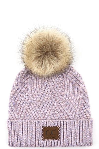 CC DIAGONAL STRIPES CRISS CROSS BEANIE POM HAT WITH SUEDE PATCH