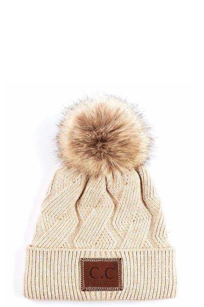CC GEOMETRIC CABLE BEANIE HAT WITH POM