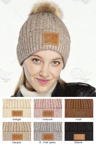CC DOUBLE BRAIDED BEANIES WIHT POMPOM AND C.C LEATHER PATCH