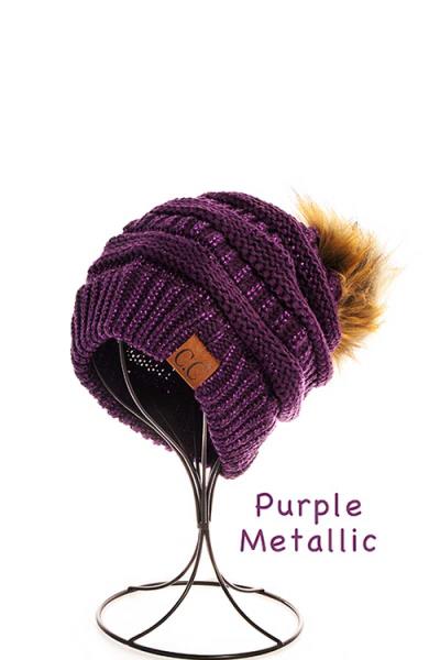 CC Metalic Faux Fur Pom Pom Beanie