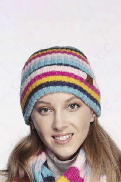 CC MULTI COLOR STRIPED RIBBED KNIT BEANIE WITH CUFF