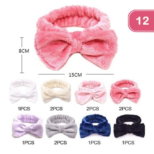 BOW HAIR SOFT FLEECE MAKEUP TURBAN SHOWER WASH FACE SPA MASK HEADBAND - (12 UNITS)