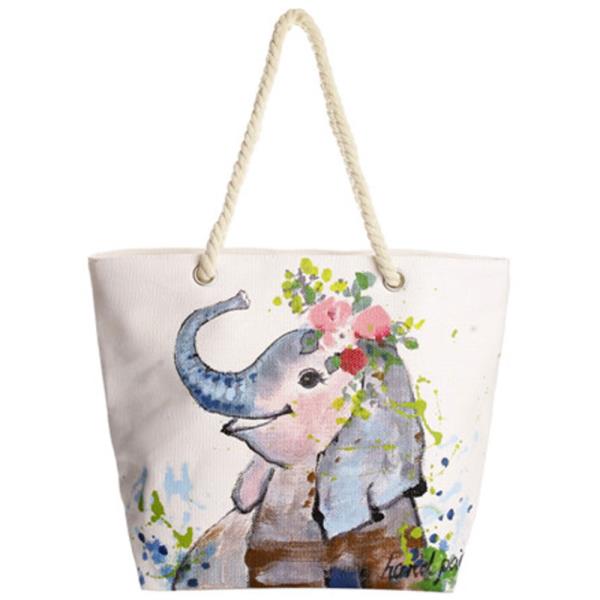 ELEPHANT HAND PAINTED ROPE HANDLE STRAP TOTE BAG