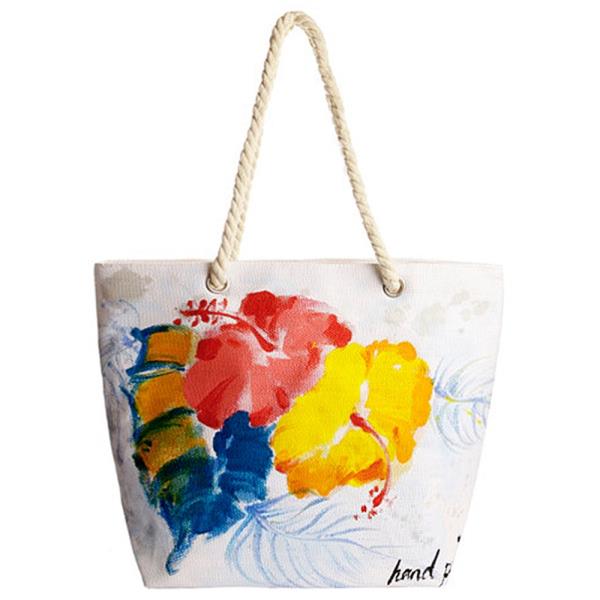 FLOWER HAND PAINTED ROPE HANDLE STRAP  TOTE BAG