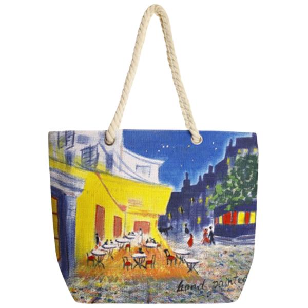 NIGHT SCENE CAFE HAND PRINTED ROPE HANDLE STRAP TOTE BAG