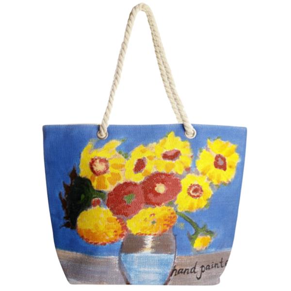 SUNFLOWER VASE HAND PAINTED ROPE HANDLE STRAP TOTE BAG