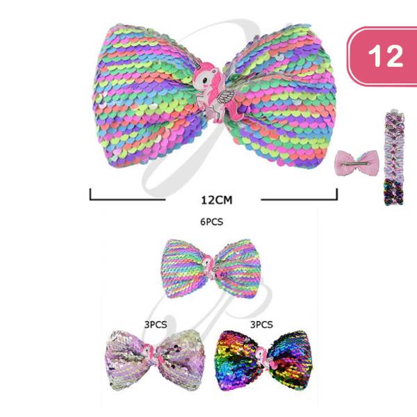 UNICORN SPANGLE SEQUIN RIBBON HAIR PIN BOW (12 UNITS)