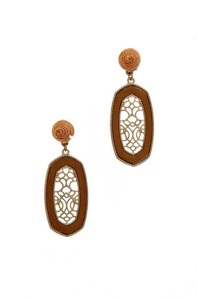 METAL TWIST LINED FAUX LEATHER FILIGREE DROP EARRING