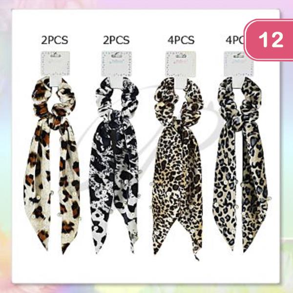 FASHION LEOPARD PRINT TASSEL HAIR TIE SCRUNCHIES 12 PC