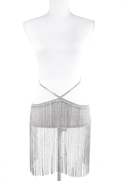 RHINESTONE FRINGE SKIRT WITH CRISS CROSS WAIST DETAIL