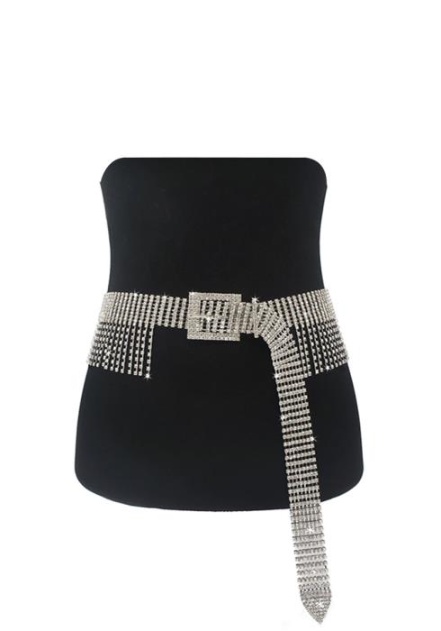 FULL RHINESTONE RECTANGLE BUCKLE BELT WITH SHORT FRINGE