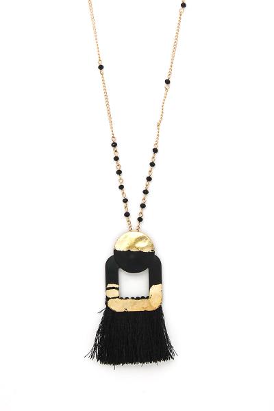 METAL CUTOUT SQUARE TASSEL BEADED LONG NECKLACE