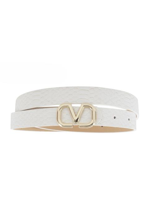 ROUNDED V BUCKLE TONAL SNAKE SKINNY BELT